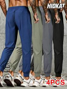 4pcs Men's Solid Color Casual 3/4 Pants With Pockets, Drawstring Waist High Stretch Trousers Suitable For Outdoor Activities, Reflective Design, Spring/Summer - Multicolor - View 3