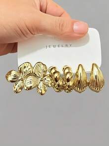 6-24 piezas Pendientes de moda para mujer en color dorado, forma de gota de agua redonda completa, textura metálica brillante, diseño minimalista de alta gama con flor de metal único, estilo vintage suave, aro grueso y liso curvado, estilo versátil europeo y americano adecuado para ir al trabajo y vacaciones - Dorado - Ver 4