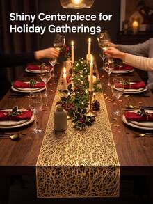 1pc Gold Line PVC Hollow Table Runner 150cm*30cm, Washable, Easy To Clean, Wipeable, Non-Slip, Heat-Resistant, Suitable For Room Decor, Table Decor, Home Decor, Party Decor, Suitable For Holidays, Parties, Gatherings, Birthdays, Weddings, Gifts, Presents, Dinners, Outdoor, Picnics. - Multicolor - View 8