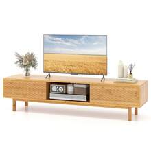 Modern TV Console Table For 65" 70" TVs Bamboo TV Stand With Sliding Doors Entertainment Center For Living Room - Khaki - View 10