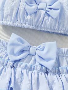 Sweet Style Woven Floral Print All-Over Print Camisole With Bow Decor Triangle Spaghetti Strap Dress Elastic Waist Vacation Cake Layered Skirt Girls Set And Hat Set Summer Daily Wear - Baby Blue - View 4