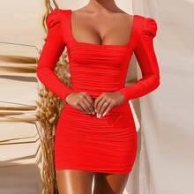 Nuevo vestido sexy sin espalda y con hombros descubiertos de manga larga para mujer, estilo europeo y americano. - azul claro - Ver 2