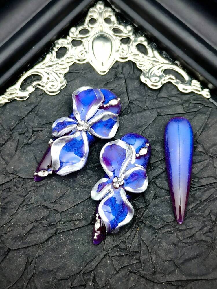 DIY 10pcs Y2K Cat Eye Metallic Silver Hand-Painted Wavy Acrylic Press-On Nails, Hand-Painted Silver 3D Rhinestone Floral Design With Nose Ring/Silver Beads, Includes Jelly Glue And Nail File, Nail Art Supplies - Follow Your Heart - View 6