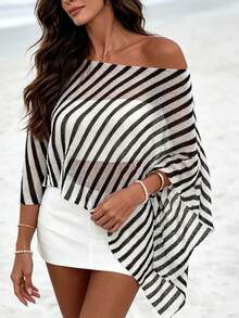 Blusa de punto de verano con diseño asimétrico de color a contraste y rayas, talla grande - Blanco y Negro - Ver 7