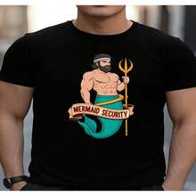 Playera Hombre Algodón Transpirable Estampado Tritón Musculoso Frase Mermaid Security Suave Para Look Divertido Playa - Negro - Ver 2