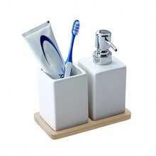 3Pcs Square White Ceramic Bathroom Toiletry Set, Refillable Pump Dispenser Bottles For Hand Soap Shampoo Body Wash, Matching White Toothbrush Cup With Bamboo Storage Tray - White Three-piece Set - View 5