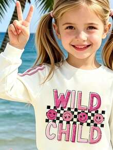 Baby Girl Letter Print Crew Neck Sweatshirt And Flare Pants - White - View 3