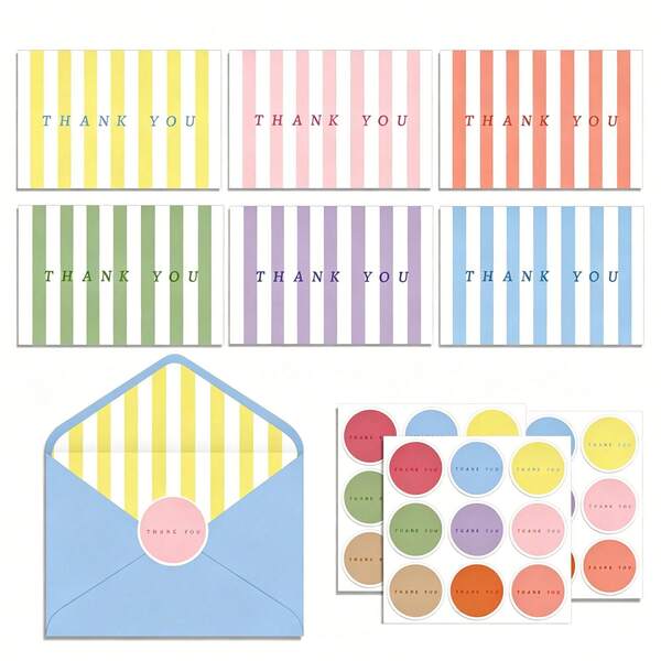 Summer Stripes Thank You Cards – 6 Set Blank Cards With Envelopes – 6 Colorful Designs – Flat Note Cards – Pastel Pink, Blue & Yellow Envelopes – Thick Paper