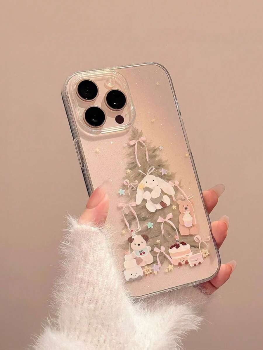 1Pc Korean Style Glitter Clear Smartphone Case With Cartoon Christmas Tree, Rabbit, Bear & Cake Print, Shockproof Protective Cover Compatible For IPhone17Pro Max, 17Pro, 18, 16ProMax, 16Pro, 16Plus, 16, 15ProMax, 15Pro, 15, 14, 15Plus, 13 Pro Max, 14 Pro Max, 11, 12, Anti-Scratch & Drop Resistant - Black - View 1