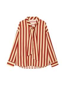 Blouse élégante à blocs de couleurs et rayures avec nœud pour femmes, mode automne pour femmes, blouse de dame de rue haute pour vacances, blouse printemps/été pour femmes rouge - Rouge - Voir 6