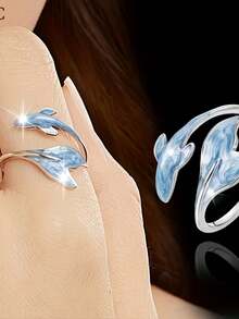 1pc Fashionable Minimalist Women's Blue Dreamy Dolphin Design Open Ring, Suitable For Daily Commute, Music Festival, Party, Banquet, Gift - Dolphin Ring - View 3