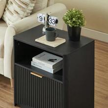 Grooved Bedside Table With Open Drawer And Gold Handles, Space-Saving, Ideal For Bedrooms And Living Rooms, Black - Black - View 10
