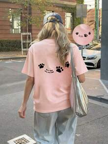 Colección de Primavera y Verano con una Camiseta de Manga Corta y Cuello Redondo Decorada con un Adorable Diseño de Huella de Pata en la Espalda, Perfecta para un Uso Casual y Versátil. - Blanco - Ver 10