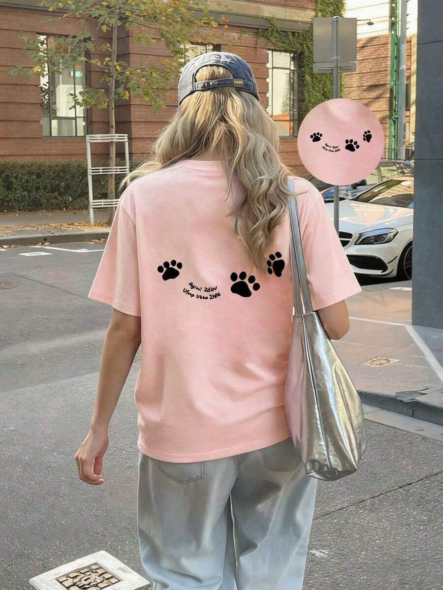 Spring And Summer Collection With A Short Sleeve Round Neck T-Shirt Decorated With An Adorable Paw Print Design On The Back, Perfect For Casual And Versatile Use. - Pink - View 1