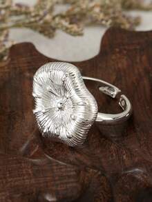 1pc Vintage Textured Flower Open Cuff Ring, Gold Silver Plated Wide Adjustable Finger Ring, Retro Floral Stackable Jewelry For Women Daily Party Gift - Flower Ring - View 8