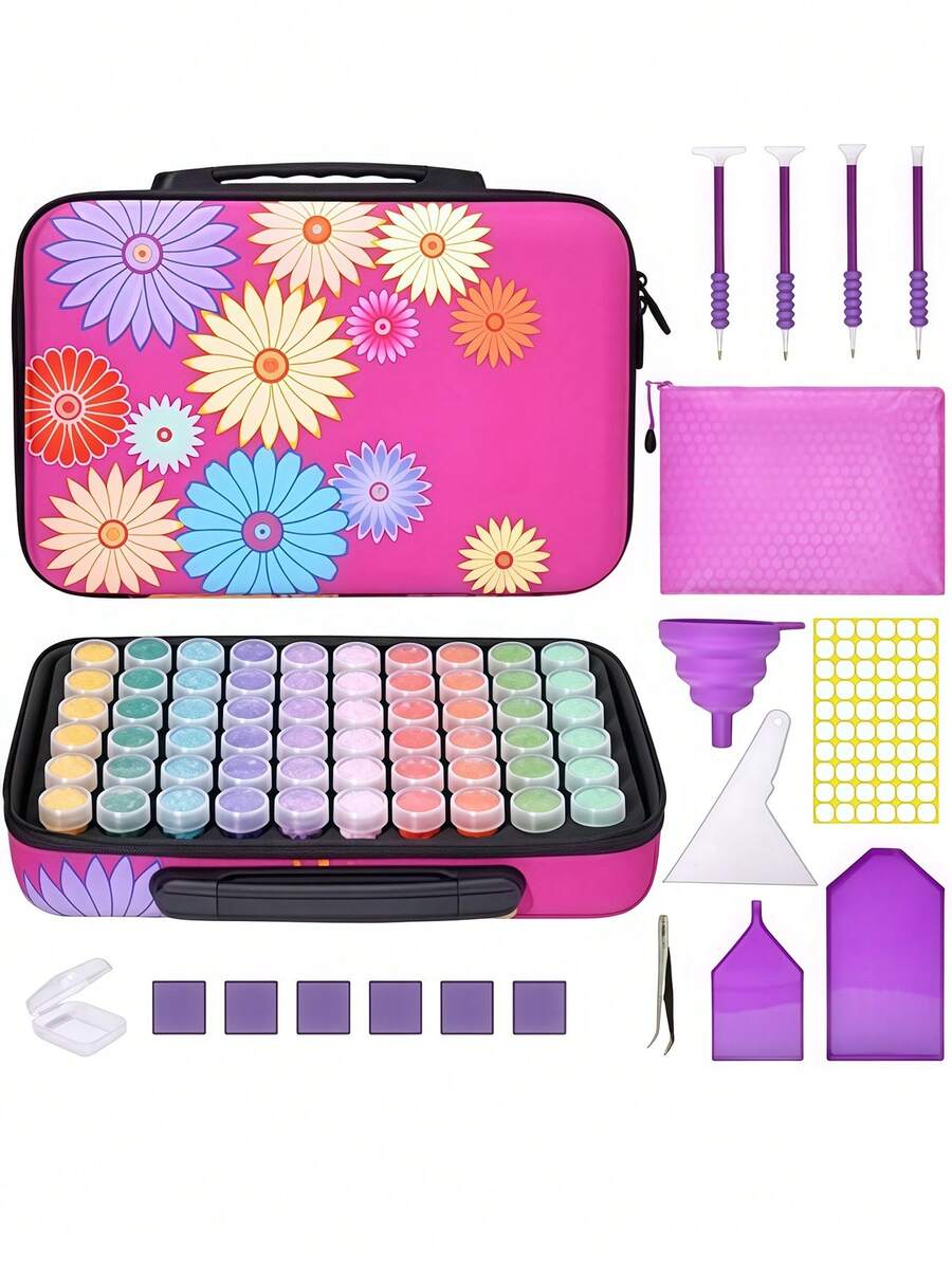 Neues Sonnenblumen Diamant Malerei Set, enthält 60 Flaschen Diamanten, Mehrspitzen-Stift, Trichter-Tablett und Schnellbohr-Stickerei-Set, kommt mit cooler Reise-Kulturbeutel-Aufbewahrungstasche, Schmuck-Nagelkunst-Aufbewahrungstasche, Nagellack-Flaschen-Aufbewahrung, Nähutensilien-Aufbewahrung - A - Übersicht 1