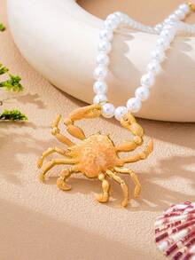 1pc Summer Ocean Style Red/Orange Oil Drop Crab/Asymmetrical White Pendant Faux Pearl Necklace, Cute Unique Vacation Accessory For Kids Beach Travel And Photo Shoots - Multicolor - View 8