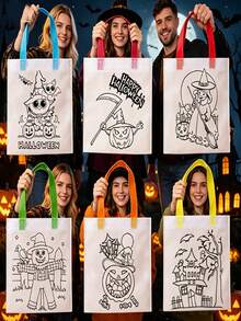 60/48/24/12pcs Halloween DIY Gift Bags, Graffiti Tote Bags, Various Pumpkin Graffiti Tote Bags, Witch Graffiti Tote Bags, With Colorful Handles, Atmosphere Creating Supplies, Holiday Photo Props, Suitable For Halloween Group Activities, Party Gift Packaging Bags - View 6