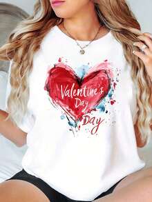 Soft Wo Valentine's Day Heart Print T-Shirt - Casual Black Short Sleeve T-Shirt With "Happy Valentine's Day" Print, Red And White Design, Perfect For Gifts - 白色 - 查看 1