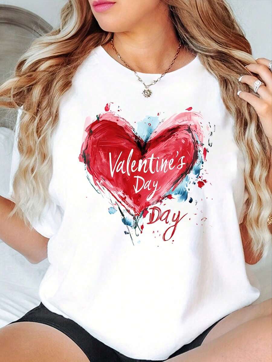 Soft Wo Valentine's Day Heart Print T-Shirt - Casual Black Short Sleeve T-Shirt With "Happy Valentine's Day" Print, Red And White Design, Perfect For Gifts - 白色 - 查看 1