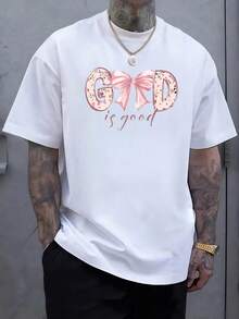 Text With Pink Ribbon And Message "God Is Good" Conveying Faith, Hope And Positive Energy. Modern Casual Men's T-Shirt. - 白色 - 查看 1
