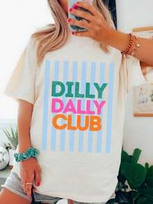 Camiseta Oversize de Manga Corta Dilly Dally Club, Camiseta Gráfica de Verano, Camiseta Retro a Rayas Brillantes, Camiseta Oversize, Camiseta Linda de Estilo Preppy, 100% Algodón - Blanco - Ver 1