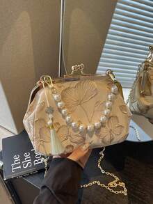 Elegant Women's Handbag With Beaded Embroidery And Fringe, Floral Print, Clutch, Suitable For Evening Party, Wedding, Banquet, Mother's Day Gift, Bridesmaid, Saint - 黑與白 - 查看 1