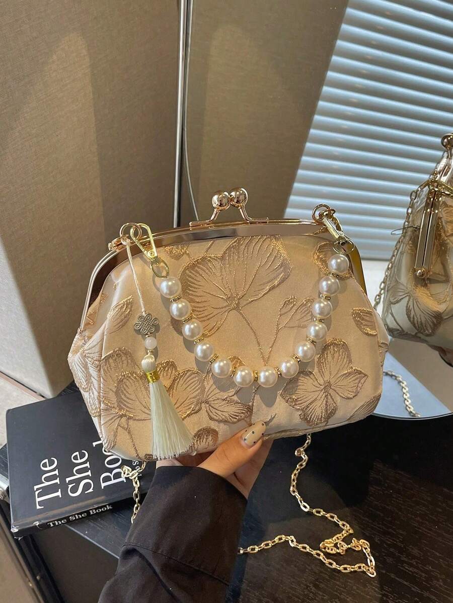 Elegant Women's Handbag With Beaded Embroidery And Fringe, Floral Print, Clutch, Suitable For Evening Party, Wedding, Banquet, Mother's Day Gift, Bridesmaid, Saint - 黑與白 - 查看 1