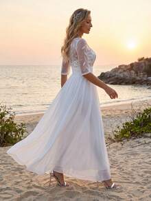 Elegant Wedding Dresses For Bride, Leaf Glitter Half Sleeved Chiffon Long Dress,White Dress For Women Bridal, Formal Dress For Wedding Party - White - View 3