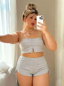 Women's Plus Size Casual Drawstring Camisole Tank Top & Shorts Pajama Set, Suitable For Spring, Autumn And Summer - Grey - View 2
