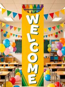 1pc "Back To School Welcome" Banner, Suitable As Welcome Sign, Background Decoration, Party Supplies And Photo Props For Kindergarten And Elementary School First Day Of School. This Colorful Vertical Classroom Welcome Banner Helps Create A Warm, Welcoming And Inclusive Classroom Atmosphere. - Multicolor - View 4