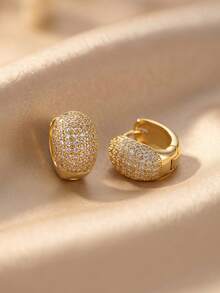 CHICAT 1 Pair Exquisite Elegant Cubic Zirconia Oval Thick Huggie Earrings, Sparkling Chunky Hoop Earrings, Suitable For Wedding, Party, Daily Commute Wear - Oval - View 10