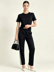 Vintage Striped Athletic Set, Women's 2 Piece Sportswear With T-Shirt & Straight Leg Pants - Black - View 4