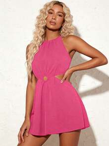 Vestido corto de verano de nuevo estilo, con cuello halter, sin mangas, con corte en la cintura y color sólido. - Rosa Fucsia - Ver 1
