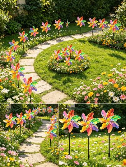 2/1件雷射彩虹七葉風車，花園庭院節日裝飾，戶外花園裝飾，派對節日裝飾與攝影道具，適用於婚禮、生日、聖誕裝飾