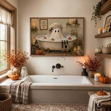 1pc Bathtub Ghost Painting: Vintage Halloween Bathroom Wall Decor, Cute Ghost Soaking In Bubble Bath Surrounded By Small Pumpkins, Canvas Wall Art, Suitable For Home, Dorm, Living Room Decoration, Birthday And Graduation Gift Halloween Decor Halloween Gift All Saints' Day Decor All Saints' Day Gift - A - View 3