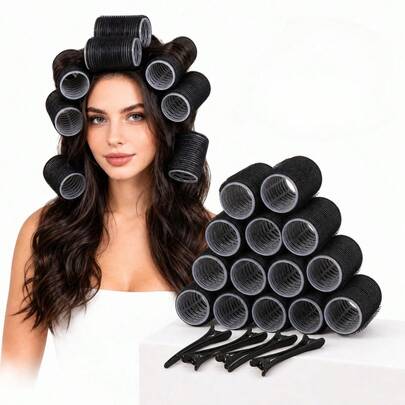 18/1 Set Large Self-Adhesive Hair Curler Rods With Clips, Suitable For Long/Medium/Short Hair And Bangs, DIY Curling Tool (Includes 12 Large Curling Rods + 6 Clips), Hair Styling, Hair Accessories, Curling Products, Hair Styling Tool Set