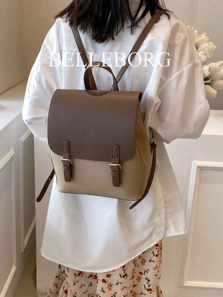 1pc Women's Fashion Colorblock Casual Backpack With Flap And Zipper Closure, Suitable For Students And Daily Casual Shopping - Khaki - View 4
