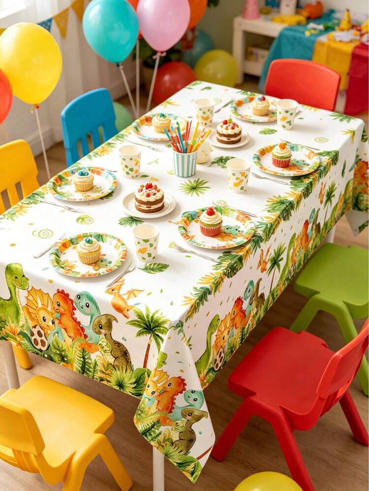 1pc Cartoon Dinosaur Pattern Tablecloth, 220*130cm Disposable Waterproof Table Mat, Birthday Decoration, Baby Shower Supplies, Gender Reveal Party Table Decor, Dinosaur Theme Party Supplies, Room Decor, Kitchen Dining Table Decor, Newborn Party, Table Decoration, Holiday Party Supplies - Green Leaf Dinosaur - View 5