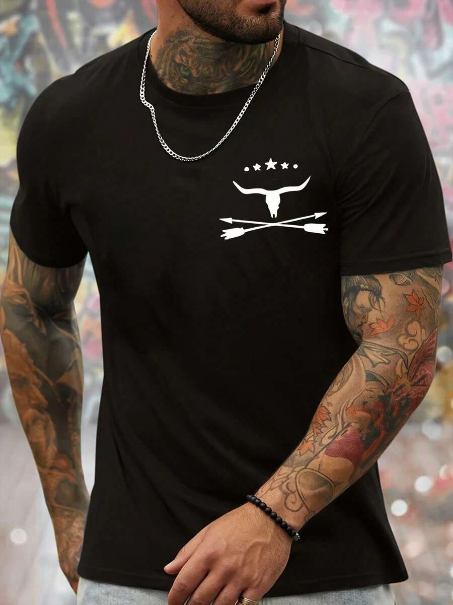 Men's Short-Sleeved Crew Neck T-Shirt With Bull Skull Print, Bold And Original Design, Comfortable And Breathable Top Ideal For Summer, 100% Pure Cotton, Casual Style - 黑色 - 查看 1