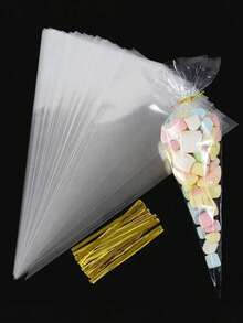 50/100/200pcs Transparent Cone-Shaped Packaging Bags, Waffle Cone Bags, Cone-Shaped Snack Bags, Triangular Food Bags With Twist Tie - Convenient And Practical, Moisture-Proof, Suitable For Candy, Chocolate, Cookies, Pastries, Marshmallows, Snacks And More - Multicolor - View 3