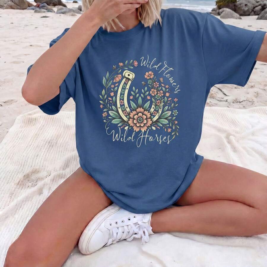 Blue T-Shirt, Pretty Blouses, Casual Blouses For Women, Basic Clothing, Women's Winter Clothing, Horseshoe Print, Floral Denim - 藍色 - 查看 1