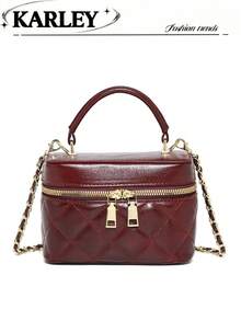 PU Leather Handbag For Women, New Fashion Crossbody Bag With Niche Design, Chain Strap, Minimalist Commuter Bag, Textured Small Square Box Bag - Burgundy - View 1