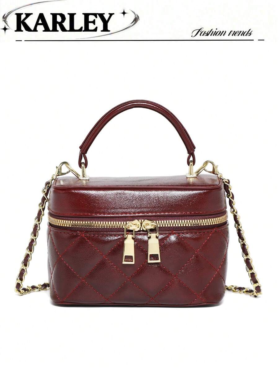 PU Leather Handbag For Women, New Fashion Crossbody Bag With Niche Design, Chain Strap, Minimalist Commuter Bag, Textured Small Square Box Bag - Burgundy - View 1