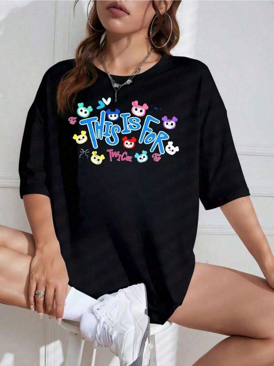 Casual T-Shirt With Kawaii Bear Text Print, Basic Round Neck, Japanese Style, Urban Fashion, Streetwear, Aesthetic, Alternative Women's Clothing - 黑色 - 查看 1