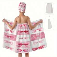 1 Set 4pcs Bow Checkerboard Checkerboard Print Dry Hair Cap Bathrobe Towel Set, Watercolor Hand-Painted Style Pattern, Bathrobe Towel, Dry Hair Towel, Wearable Bath Towel, Women's Bathrobe, Sauna Dress, Bathrobe, Shower Dry Hair Cap, Adult Home Bathrobe Dry Hair Cap Set, Machine Washable, Bathroom Accessories, Bathroom Essentials, Casual Decor, Travel Decor, Gift, Ideal Holiday Gift - Baby Pink - View 9
