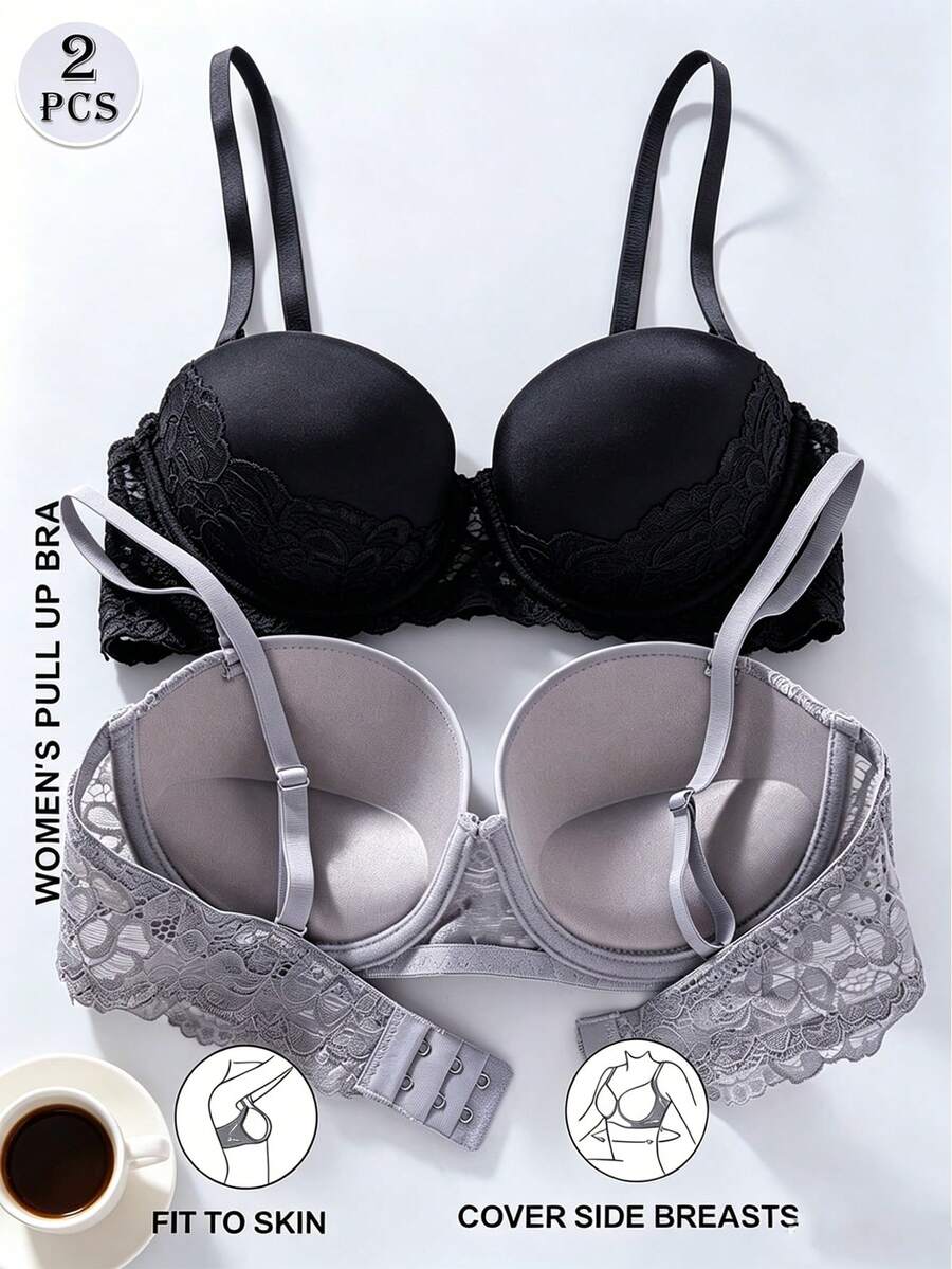 2 pièces/Set Soutien-gorge push-up à demi-bonnet en dentelle, soutien-gorge à armatures avec soutien complet, soutien-gorge balconnet à bretelles spaghetti ajustables lissant les côtés et anti-affaissement - Multicolore - Voir 1