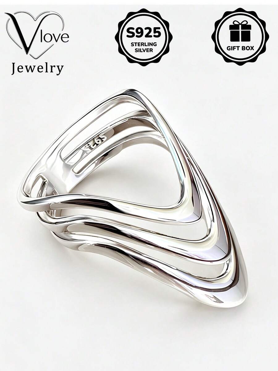 1pc S925 Sterling Silver Asymmetrical Multi-Layer Wave Ring, Essential For Daily Wear And Gifting, Comes With Gift Box