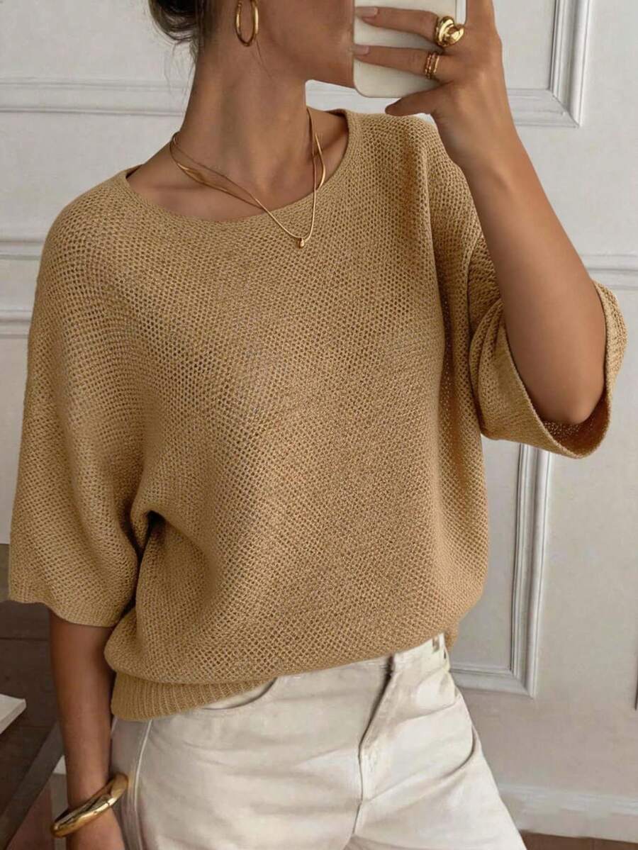 Plus Size Solid Color Casual Round Neck 3/4 Sleeve Knit Top
