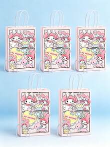 5入卡通圖案禮品袋，Kitty、Melody、Kuro、Cinna馬卡龍配色，柔軟可愛色調，活潑俏皮圖案，適合生日、派對、紀念品等場合，送禮或個人使用皆完美 - 多色 - 查看 8